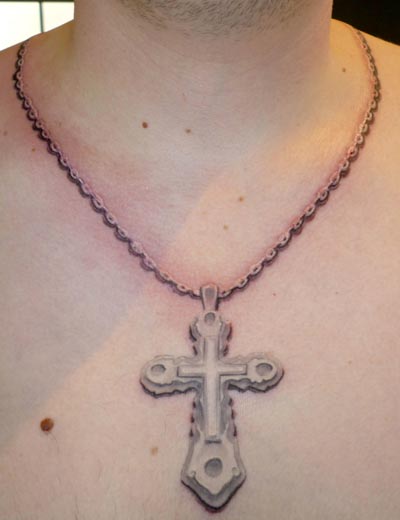 Chest Religious Neck Crux Tattoo by Herzstich Tattoo