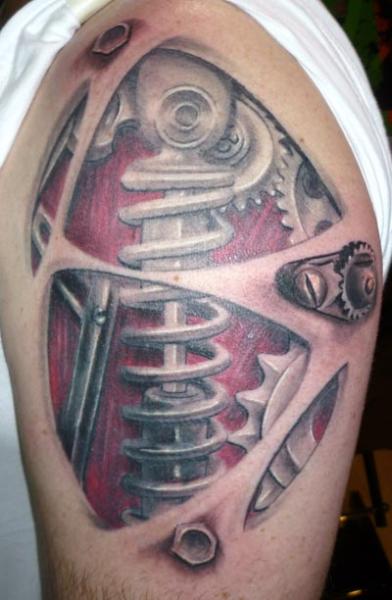 Shoulder Biomechanical Tattoo by Herzstich Tattoo
