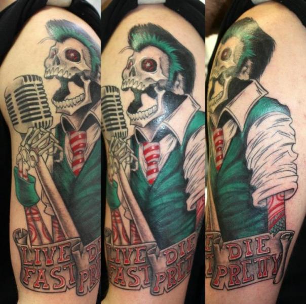 Shoulder Microphone Skeleton Tattoo by Herzstich Tattoo