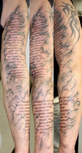 Lettering Sleeve Tattoo by Herzstich Tattoo