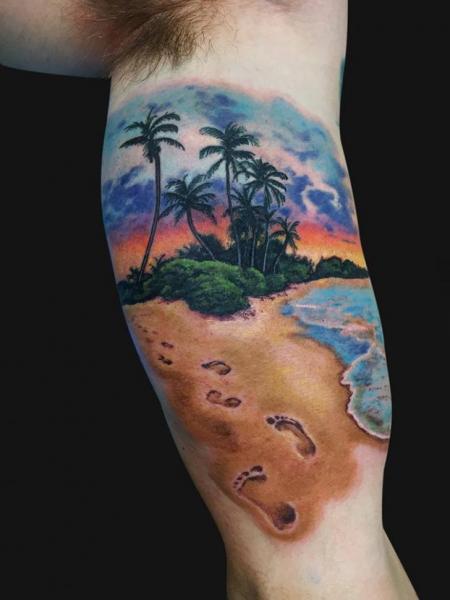Tatuaggio Braccio Realistici Paesaggio Spiaggia di Jamie Lee Parker