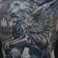 Rücken Löwen Statue tattoo von Jamie Lee Parker