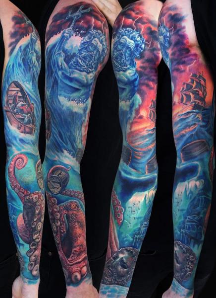 Arm Sea Octopus Neptune Sleeve Tattoo by Jamie Lee Parker