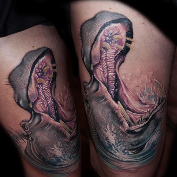 Tatuaggio Realistici Coscia Ippopotamo di Pawel Skarbowski