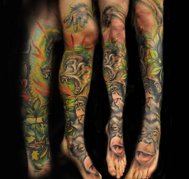 Realistic Leg Monkey Tattoo by Pawel Skarbowski