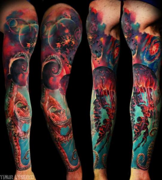 Meer Oktopus Sleeve Qualle Tattoo von Redberry Tattoo