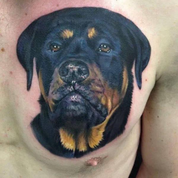 รอยสัก เหมือนจริง หน้าอก หมา โดย Powerline Tattoo