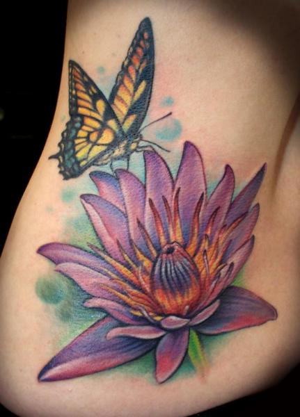 Flower Side Butterfly Lotus Tattoo by Powerline Tattoo