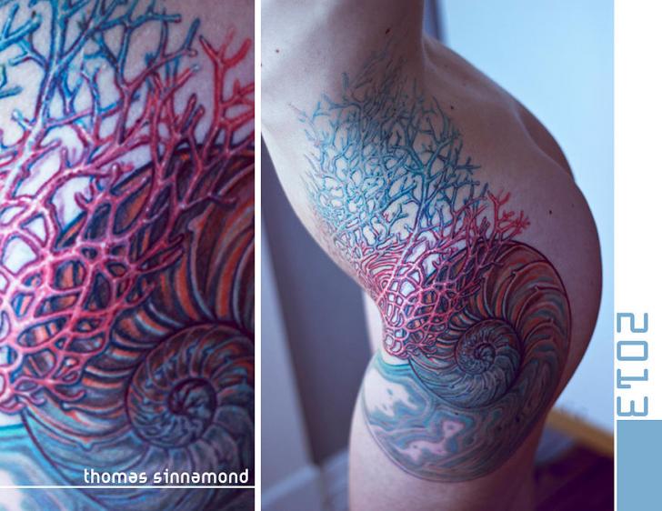 Side Butt Shell Coral Tattoo by Thomas Sinnamond