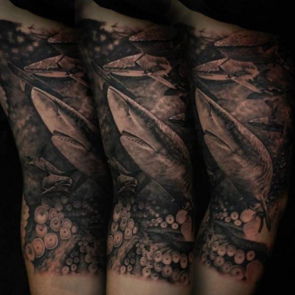 Tatuaje Brazo Realista Tiburón por Matthew James