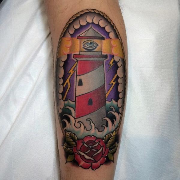 Tatouage New School Veau Phare par Pat Whiting