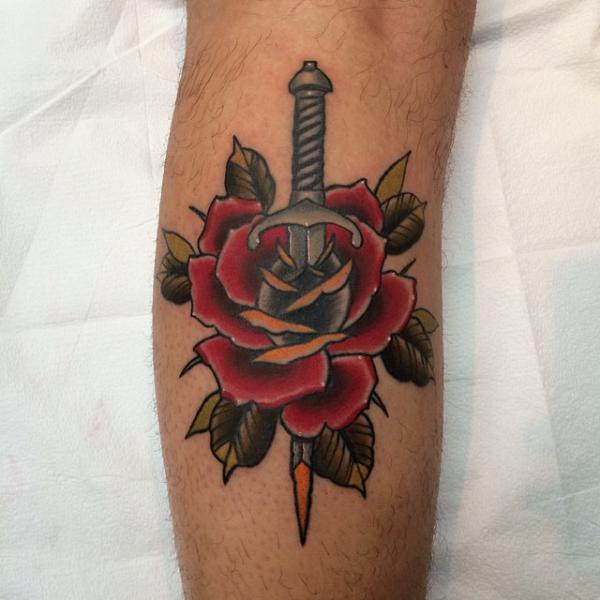 Old School Flower Dagger Tattoo by Pat Whiting
