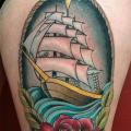 New School Flower Galleon Thigh tattoo by Pat Whiting