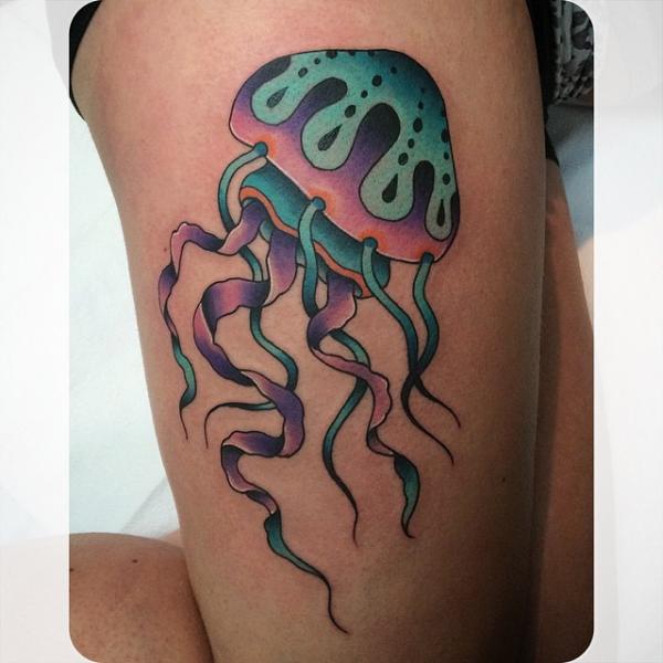 New School Thigh Jellyfish Tattoo by Pat Whiting