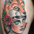 New School Women Wolf Thigh tattoo by Pat Whiting