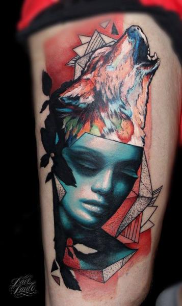 Wolf Thigh Abstract Woman Tattoo by Dave Paulo