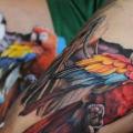 Realistic Parrot Thigh tattoo by Dave Paulo