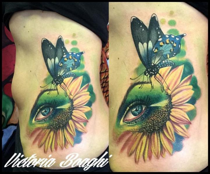 Side Butterfly Sunflower Tattoo by Victoria Boaghi