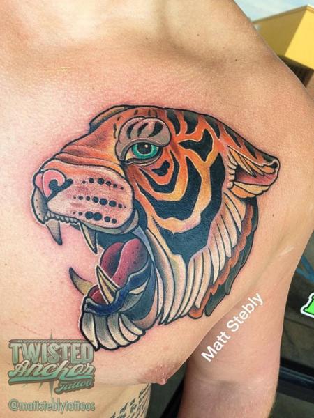 Chest Tiger Tattoo by Twisted Anchor Tattoo