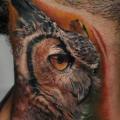 tatuaje Realista Cuello Búho por Carlox Tattoo