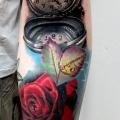 Arm Realistic Clock Flower Rose tattoo by Puedmag Custom Ink Tattoos