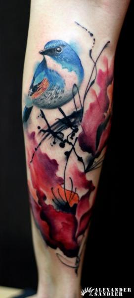 Arm Flower Bird Water Color Tattoo by Kipod Studio