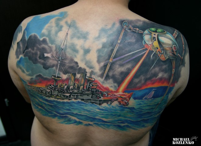 Tatuaje Fantasy Espalda Barco por Kipod Studio