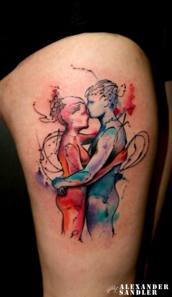 Tatuaggio Gamba Acquarello Amanti di Kipod Studio