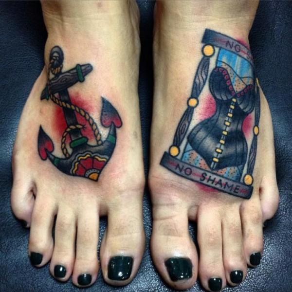 Old School Foot Anchor Clepsydra Tattoo by Kwadron Tattoo Gallery