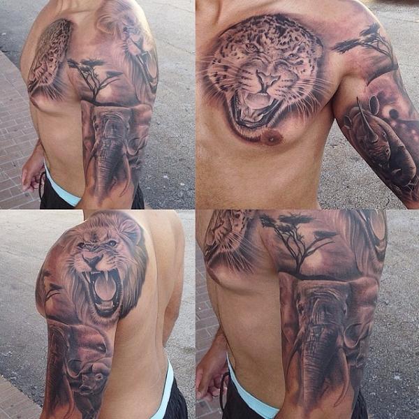 Tatuaje Hombro Brazo Realista Pecho Elefante Tigre León Animal por Inkaholik Tattoos