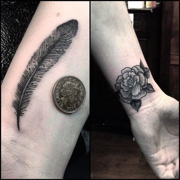 Arm Flower Feather Tattoo by Sacred Art Tattoo