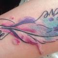 Arm Feather Lettering Water Color tattoo by Sacred Art Tattoo