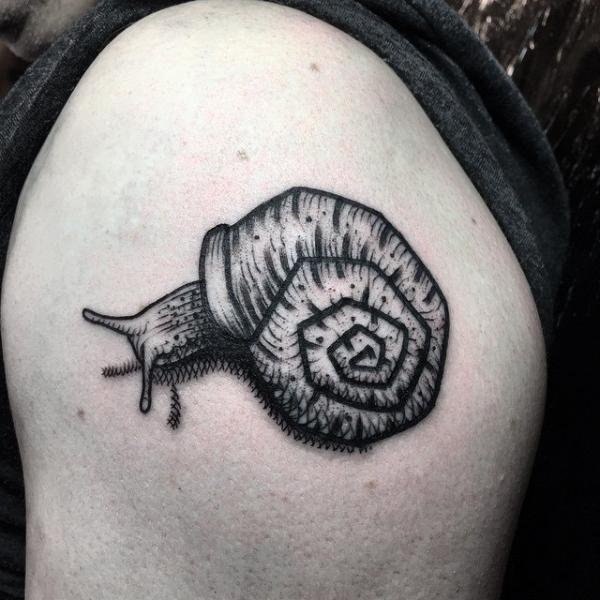 Shoulder Snail Tattoo by Sacred Art Tattoo
