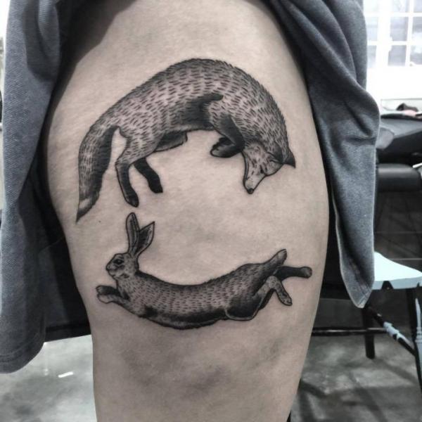 Rabbit Fox Thigh Tattoo by Sacred Art Tattoo