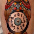 Clock New School Calf Owl tattoo by Dave Wah