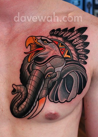 Chest Elephant Eagle Tattoo by Dave Wah