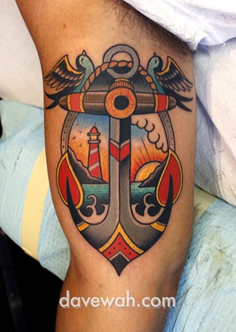 Lighthouse Leg Anchor Tattoo by Dave Wah