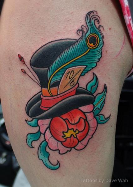 Shoulder Flower Feather Hat Tattoo by Dave Wah