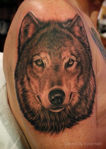 Shoulder Realistic Wolf Tattoo by Dave Wah