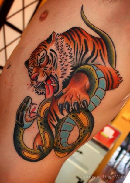 Classic Tattoo Snake Tiger Art Print by Lostanaw | iCanvas