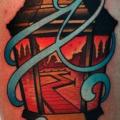 New School Lamp Thigh tattoo by Dave Wah