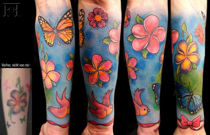 Arm Flower Butterfly Bird Tattoo by Signs and Wonders