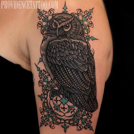 Shoulder Owl Tattoo by Providence Tattoo studio