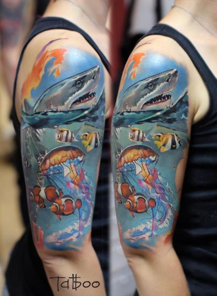 Shoulder Realistic Shark Sea Fish Tattoo by Valentina Riabova