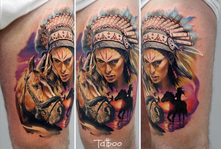 Realistic Indian Horse Thigh Tattoo by Valentina Riabova