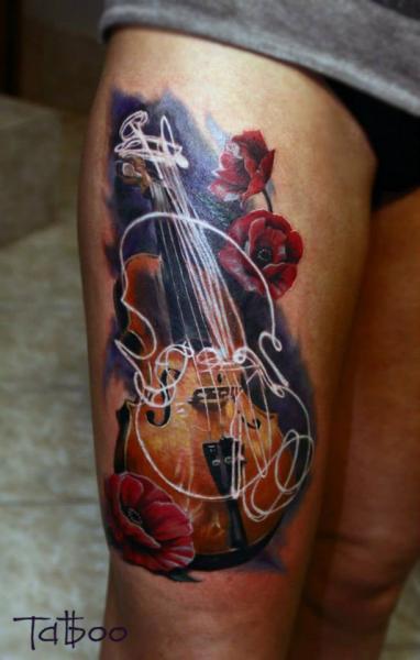 Realistic Flower Thigh Violin Tattoo by Valentina Riabova