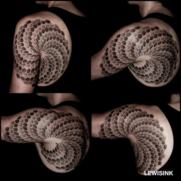 Shoulder Back Dotwork Spiral Tattoo by Lewis Ink
