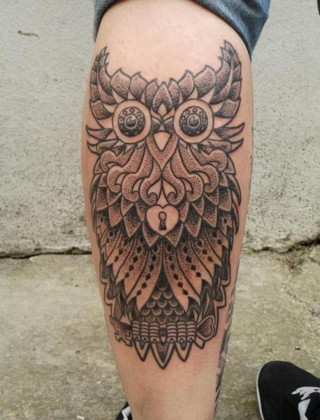 Calf Owl Dotwork Tattoo by Vienna Electric Tattoo