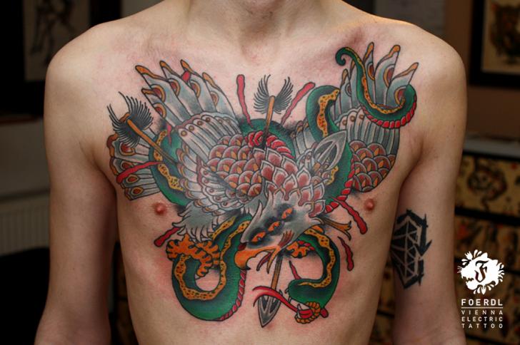 Chest Old School Eagle Tattoo by Vienna Electric Tattoo