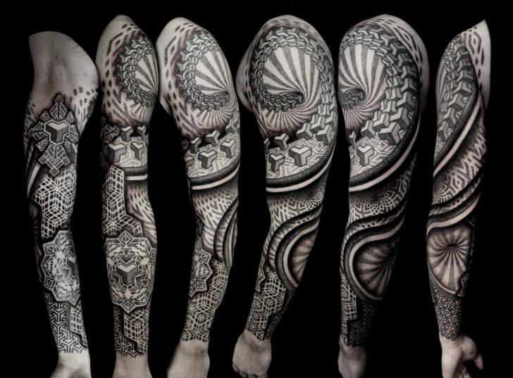Shoulder Arm Dotwork Geometric Sleeve Spiral Tattoo by Vienna Electric Tattoo